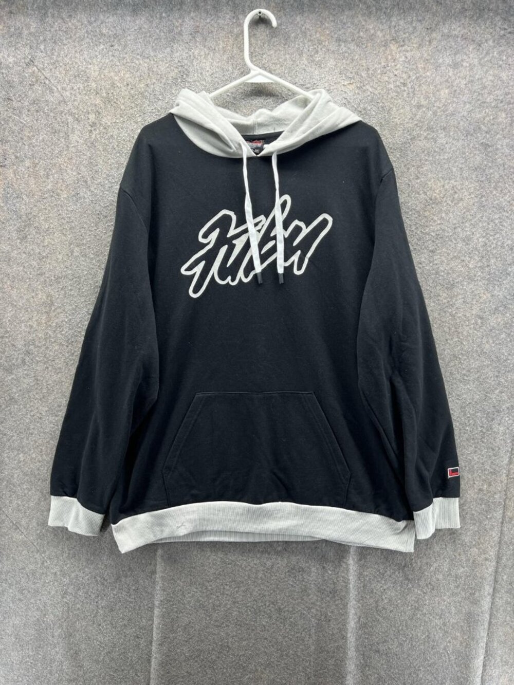 FUBU Hoodie Mens XL Black Gray Pullover Fleece Hip Hop Vintage Sweatshirt Y2K